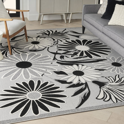 6' X 9' Black And White Floral Stain Resistant Non Skid Area Rug