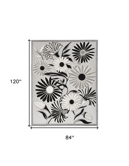 7' X 10' Black And White Floral Stain Resistant Non Skid Area Rug