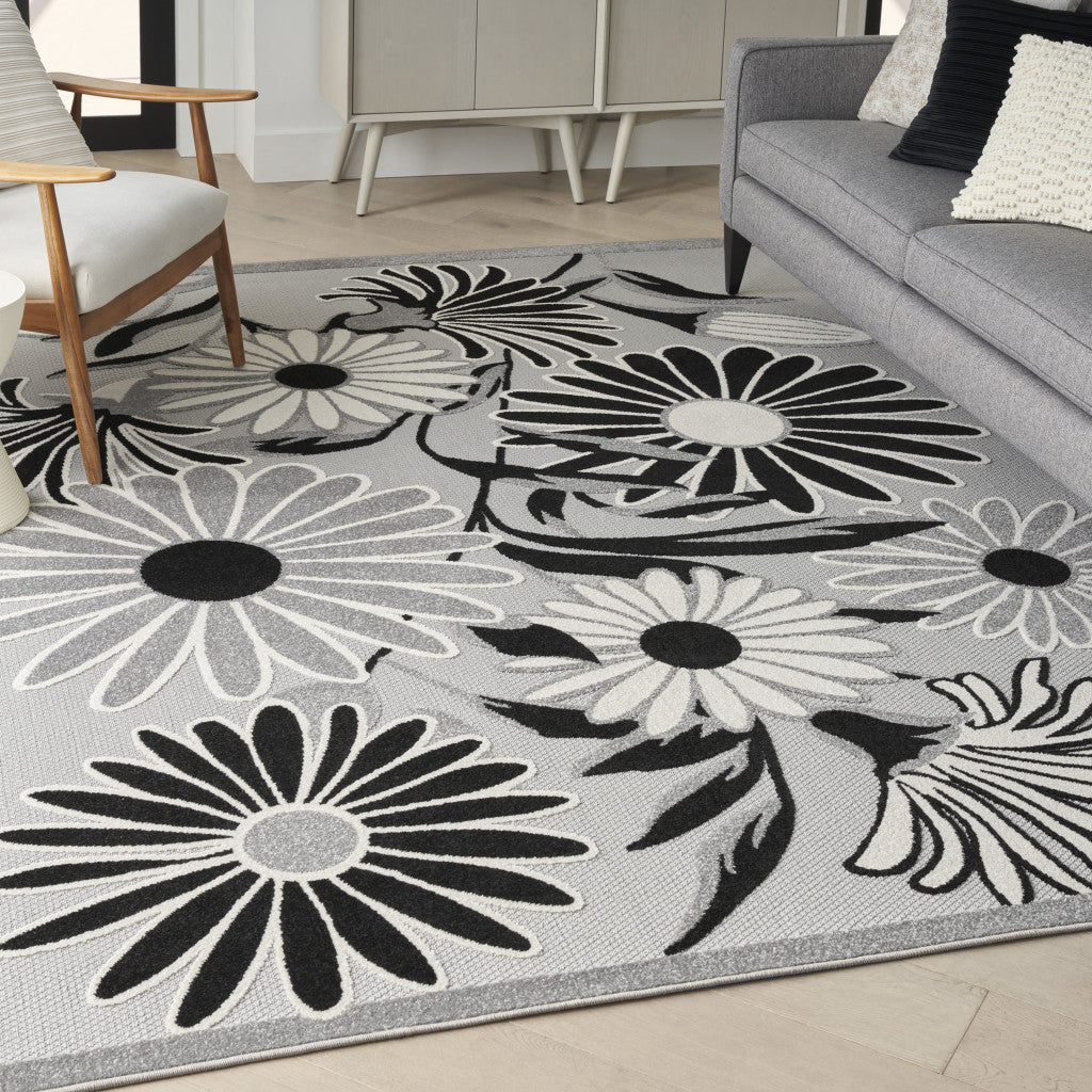 5' X 8' Black And White Floral Stain Resistant Non Skid Area Rug