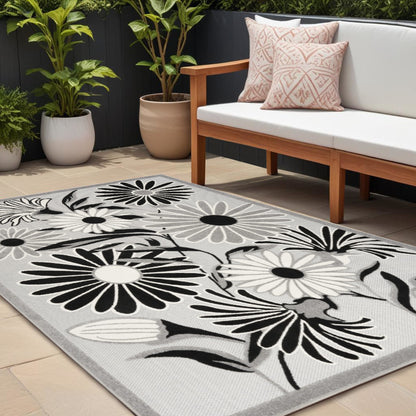 8' X 11' Black And White Floral Stain Resistant Non Skid Area Rug