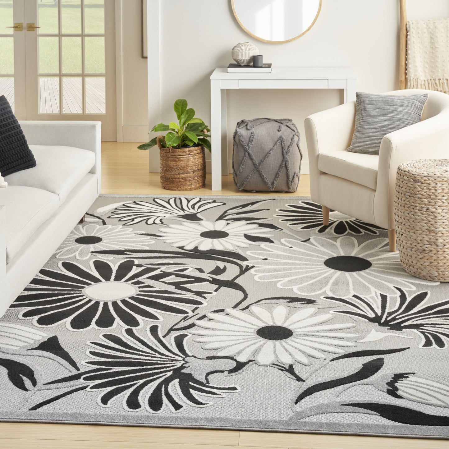 8' X 11' Black And White Floral Stain Resistant Non Skid Area Rug