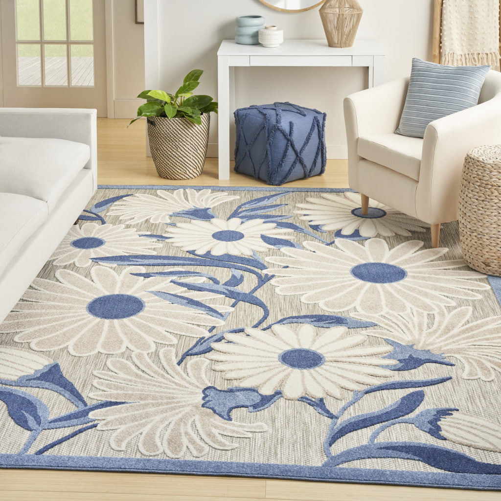 8' X 11' Blue And Grey Floral Stain Resistant Non Skid Area Rug