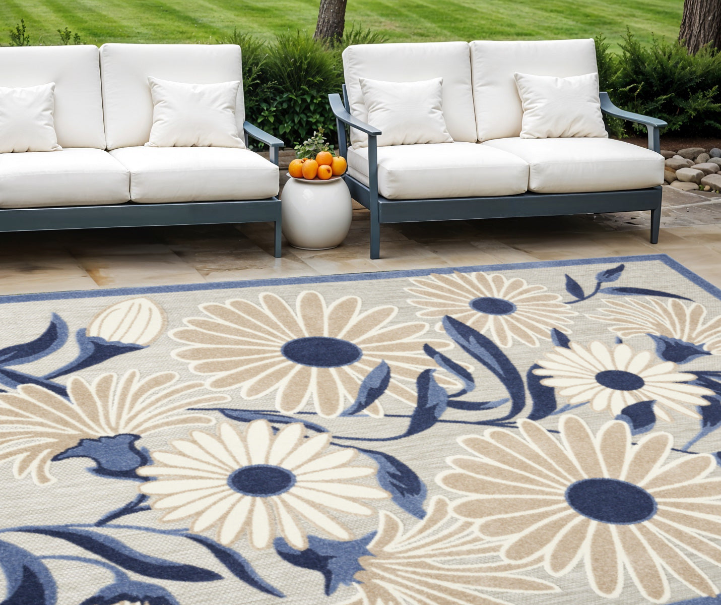 8' X 11' Blue And Grey Floral Stain Resistant Non Skid Area Rug