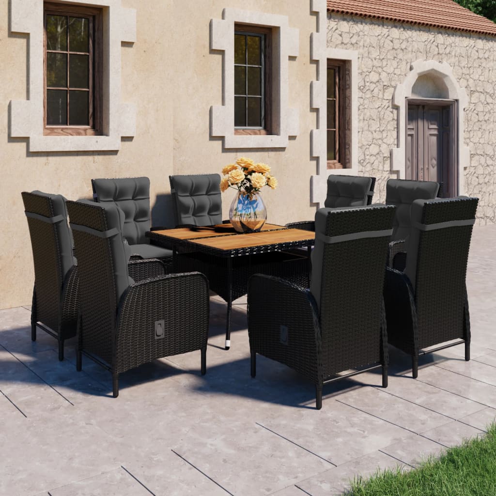 9 Piece Patio Dining Set Poly Rattan and Acacia Wood Gray