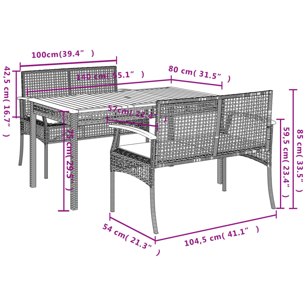 3 Piece Patio Dining Set with Cushions Gray Poly Rattan