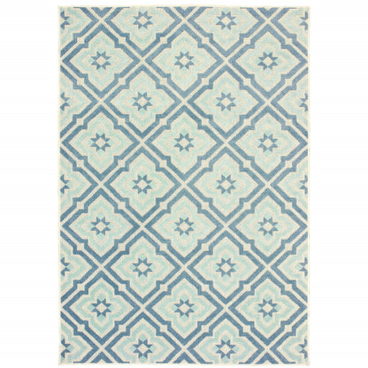 10' X 13' Blue and Ivory Geometric Stain Resistant Indoor Outdoor Area Rug