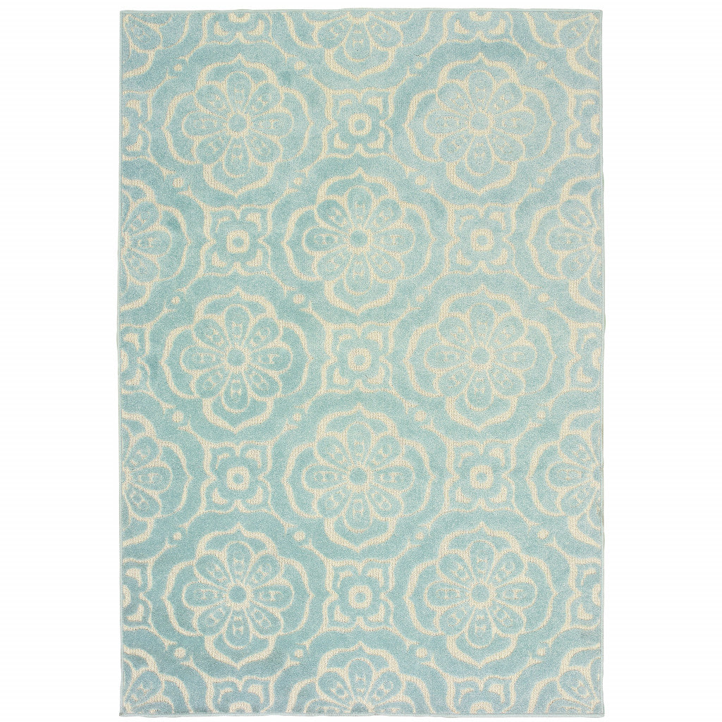 10' X 13' Blue and Ivory Floral Stain Resistant Indoor Outdoor Area Rug