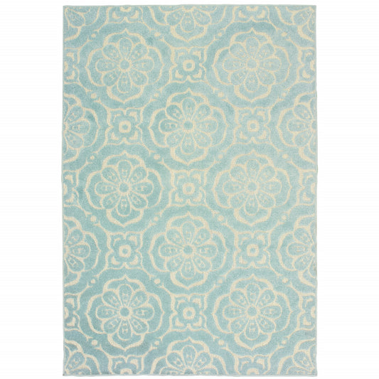 10' X 13' Blue and Ivory Floral Stain Resistant Indoor Outdoor Area Rug