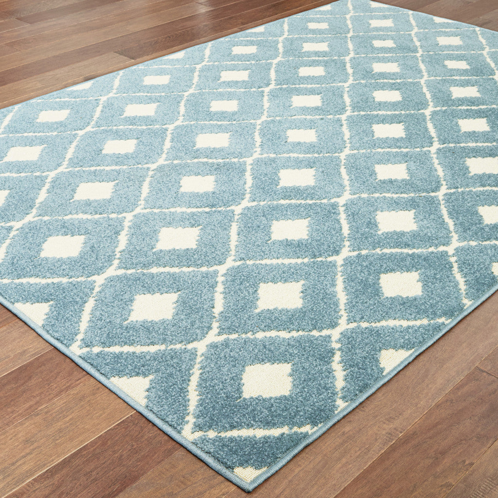 10' X 13' Blue and Ivory Geometric Stain Resistant Indoor Outdoor Area Rug