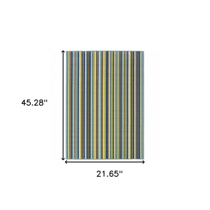 2' X 4' Blue and Green Striped Stain Resistant Indoor Outdoor Area Rug