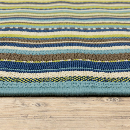 2' X 4' Blue and Green Striped Stain Resistant Indoor Outdoor Area Rug