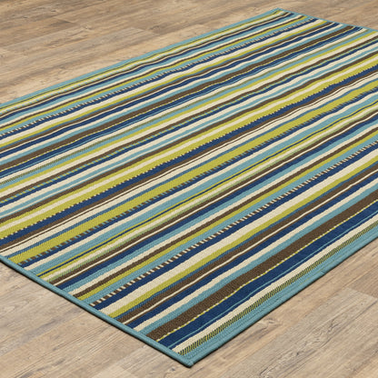 2' X 4' Blue and Green Striped Stain Resistant Indoor Outdoor Area Rug