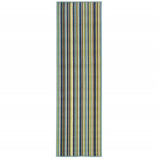 2' X 8' Blue and Green Striped Stain Resistant Indoor Outdoor Area Rug