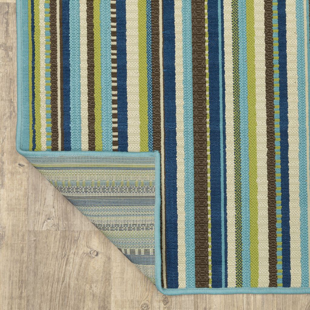 2' X 8' Blue and Green Striped Stain Resistant Indoor Outdoor Area Rug