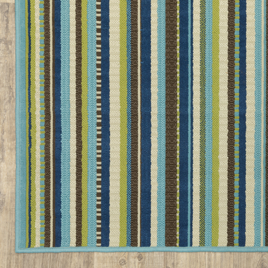 2' X 8' Blue and Green Striped Stain Resistant Indoor Outdoor Area Rug