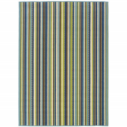 2' X 4' Blue and Green Striped Stain Resistant Indoor Outdoor Area Rug