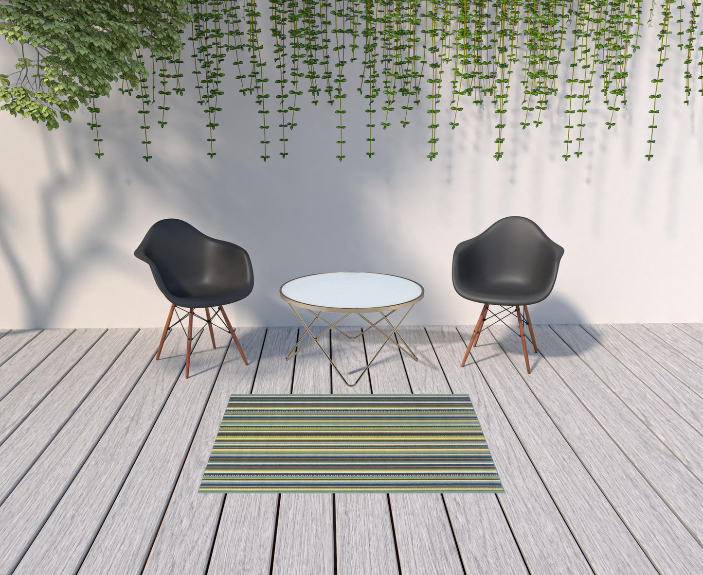 4' X 6' Blue and Green Striped Stain Resistant Indoor Outdoor Area Rug