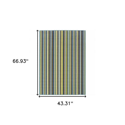 4' X 6' Blue and Green Striped Stain Resistant Indoor Outdoor Area Rug