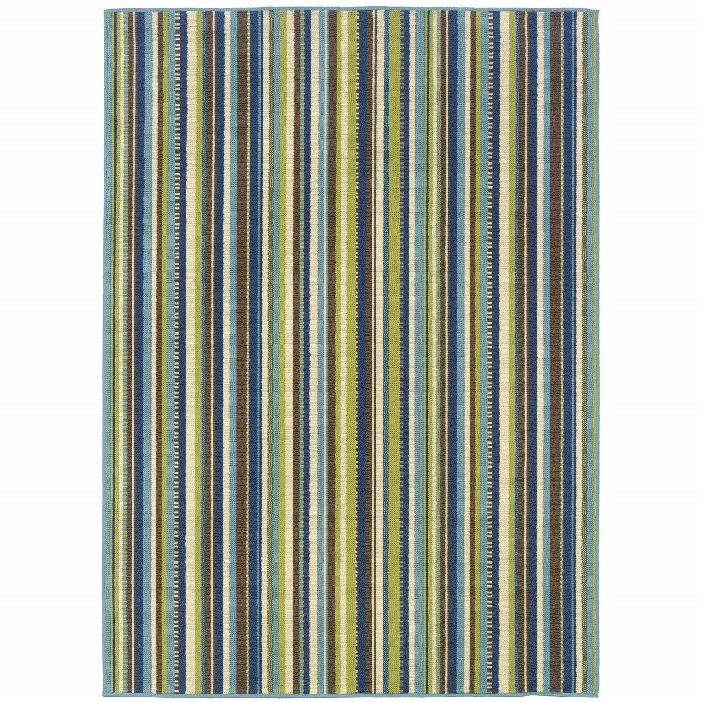 4' X 6' Blue and Green Striped Stain Resistant Indoor Outdoor Area Rug