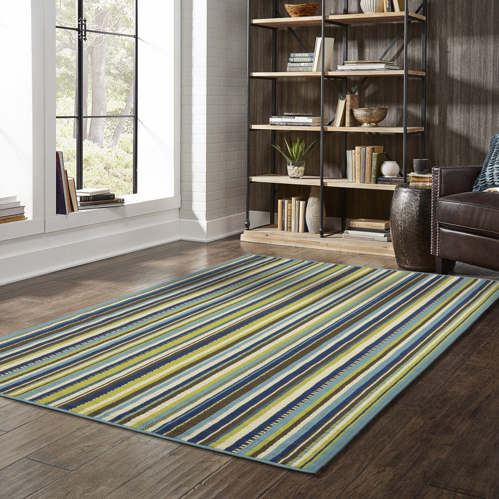 4' X 6' Blue and Green Striped Stain Resistant Indoor Outdoor Area Rug