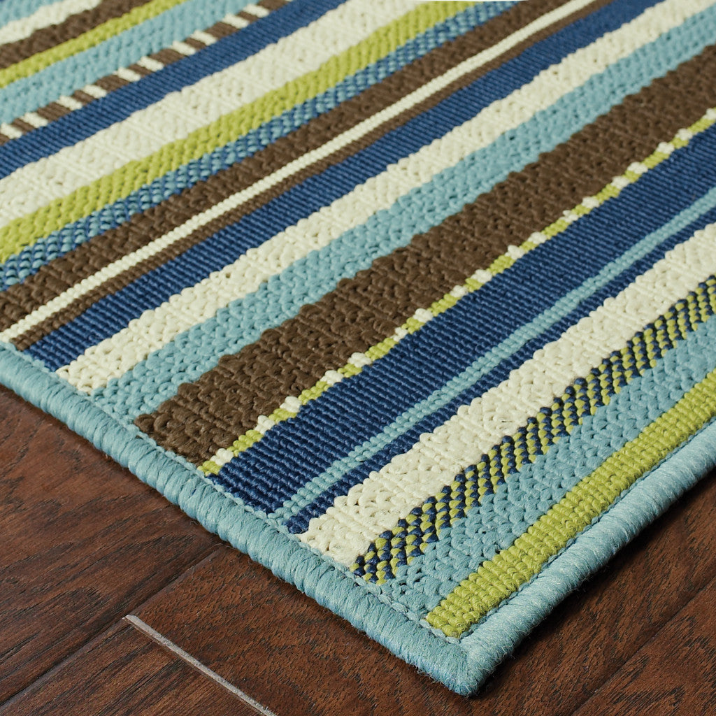 4' X 6' Blue and Green Striped Stain Resistant Indoor Outdoor Area Rug