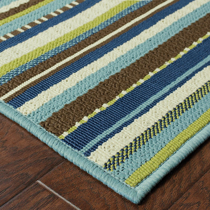 4' X 6' Blue and Green Striped Stain Resistant Indoor Outdoor Area Rug