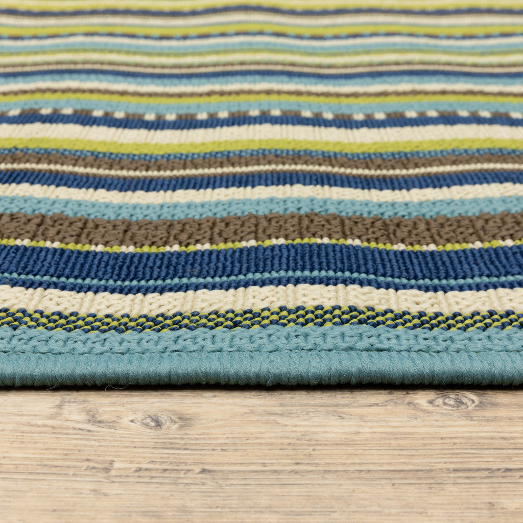 4' X 6' Blue and Green Striped Stain Resistant Indoor Outdoor Area Rug