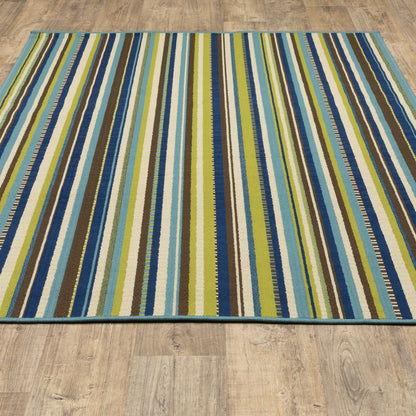 4' X 6' Blue and Green Striped Stain Resistant Indoor Outdoor Area Rug