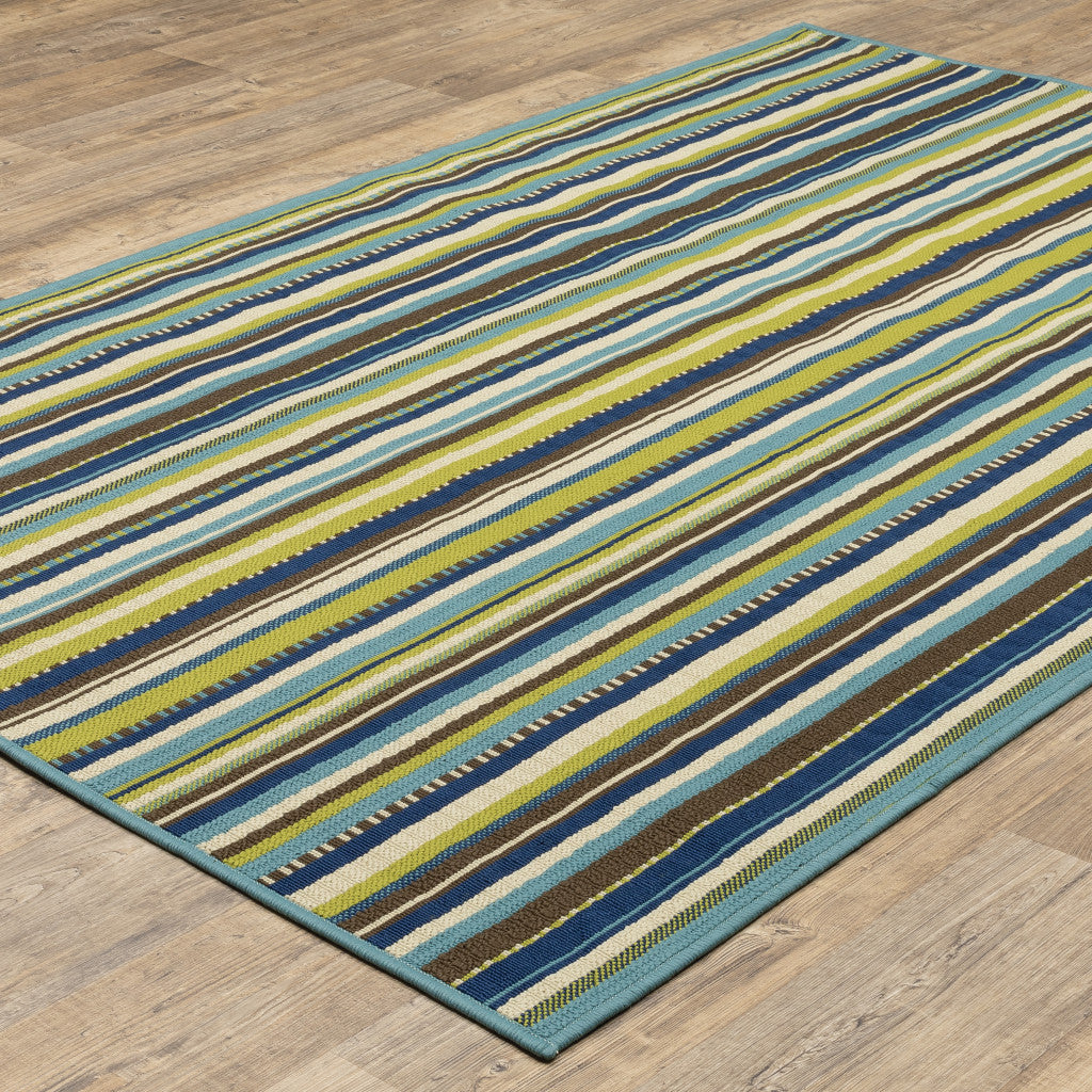 5' X 8' Blue and Green Striped Stain Resistant Indoor Outdoor Area Rug