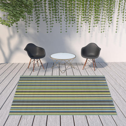 8' X 11' Blue and Green Striped Stain Resistant Indoor Outdoor Area Rug