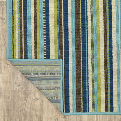 8' X 11' Blue and Green Striped Stain Resistant Indoor Outdoor Area Rug