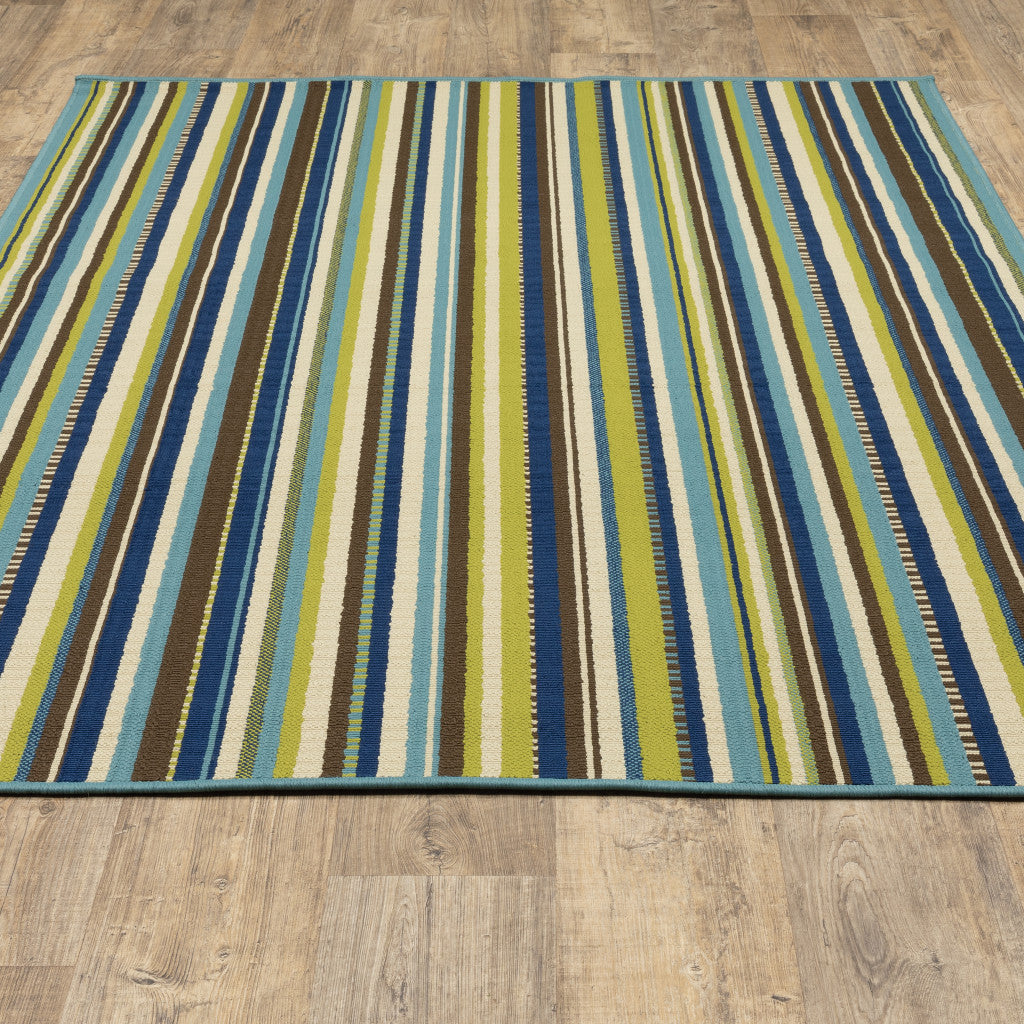 8' X 11' Blue and Green Striped Stain Resistant Indoor Outdoor Area Rug