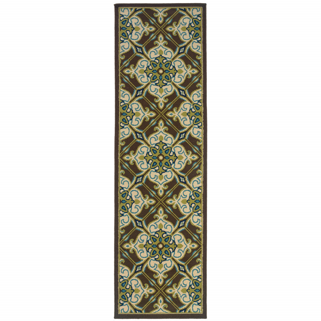 2' X 8' Brown and Ivory Floral Stain Resistant Indoor Outdoor Area Rug