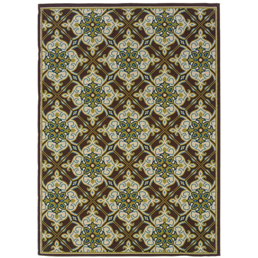 2' X 4' Brown and Ivory Floral Stain Resistant Indoor Outdoor Area Rug