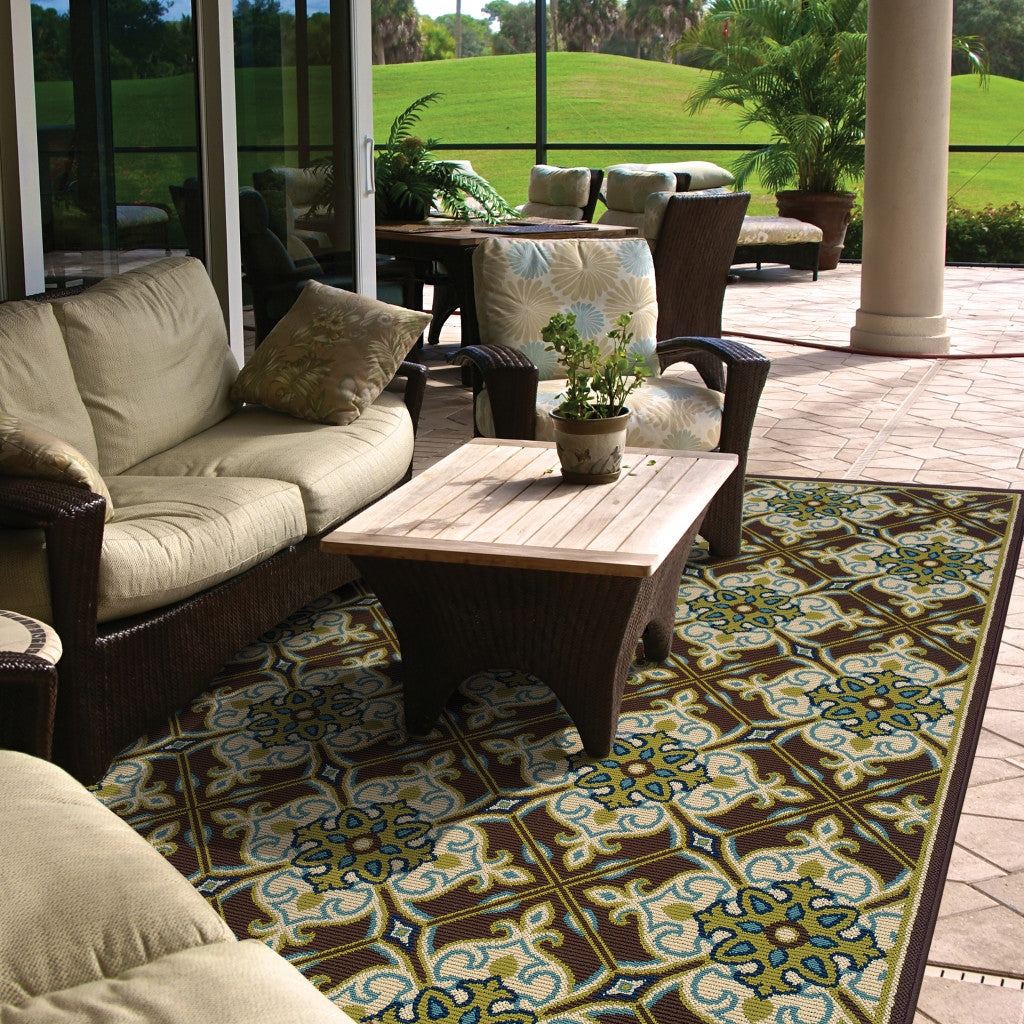 4' X 6' Brown and Ivory Floral Stain Resistant Indoor Outdoor Area Rug