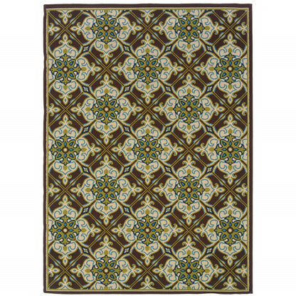 5' X 8' Brown and Ivory Floral Stain Resistant Indoor Outdoor Area Rug