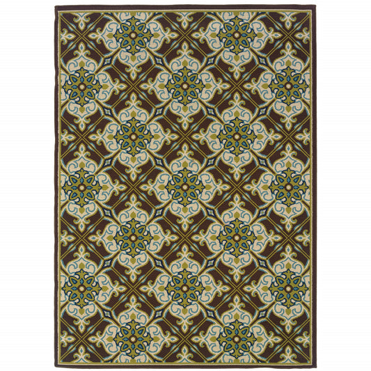 7' X 10' Brown and Ivory Floral Stain Resistant Indoor Outdoor Area Rug