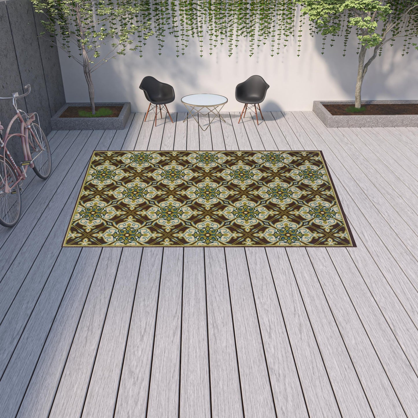 9' X 13' Brown and Ivory Floral Stain Resistant Indoor Outdoor Area Rug