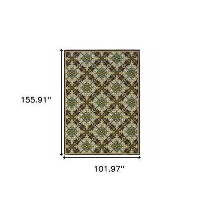 9' X 13' Brown and Ivory Floral Stain Resistant Indoor Outdoor Area Rug