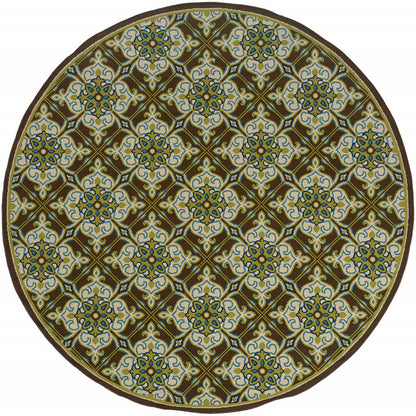 8' X 8' Brown and Ivory Round Floral Stain Resistant Indoor Outdoor Area Rug