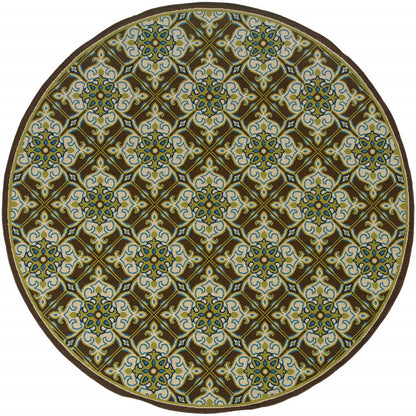 8' X 8' Brown and Ivory Round Floral Stain Resistant Indoor Outdoor Area Rug