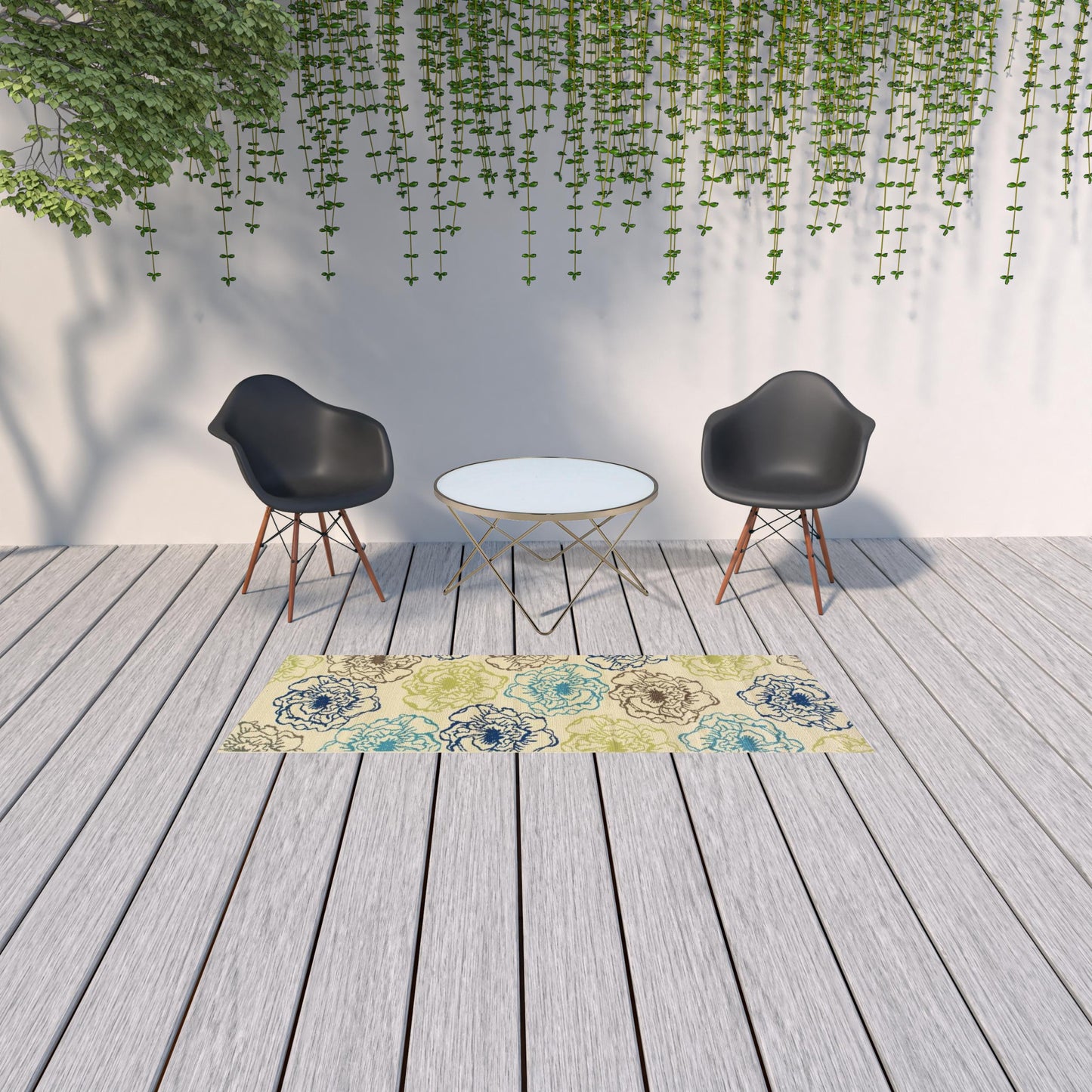 2' X 8' Green and Ivory Floral Stain Resistant Indoor Outdoor Area Rug