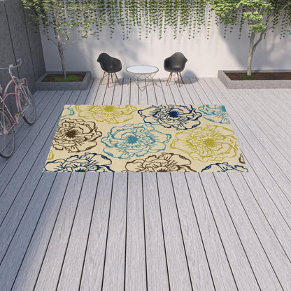 9' X 13' Green and Ivory Floral Stain Resistant Indoor Outdoor Area Rug