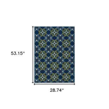 2' X 4' Blue and Green Floral Stain Resistant Indoor Outdoor Area Rug