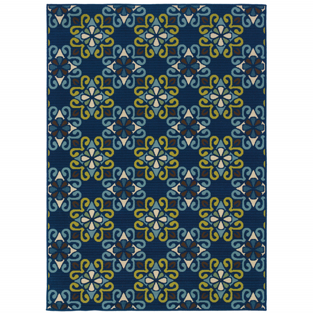 4' X 6' Blue and Green Floral Stain Resistant Indoor Outdoor Area Rug