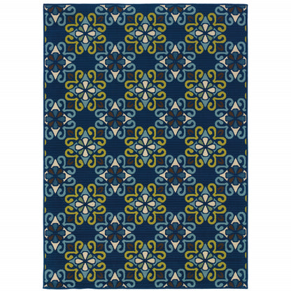 4' X 6' Blue and Green Floral Stain Resistant Indoor Outdoor Area Rug