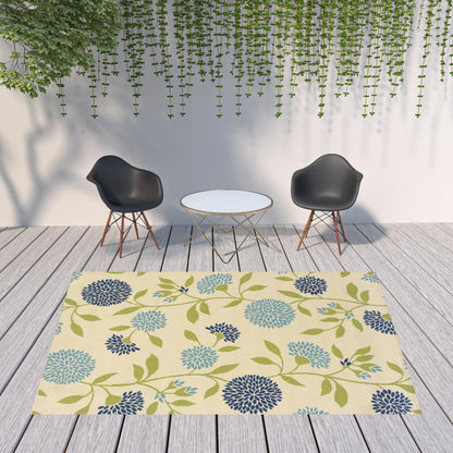 8' X 11' Green and Ivory Floral Stain Resistant Indoor Outdoor Area Rug