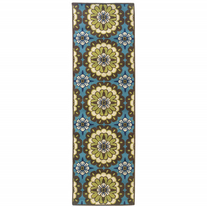 2' X 8' Blue and Green Floral Stain Resistant Indoor Outdoor Area Rug