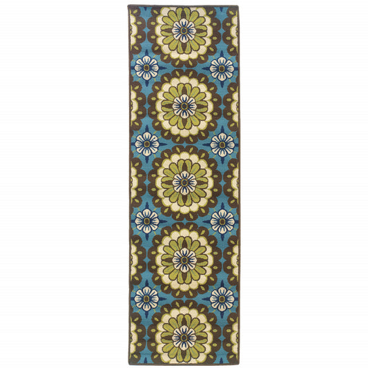 2' X 8' Blue and Green Floral Stain Resistant Indoor Outdoor Area Rug