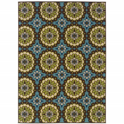 5' X 8' Blue and Green Floral Stain Resistant Indoor Outdoor Area Rug